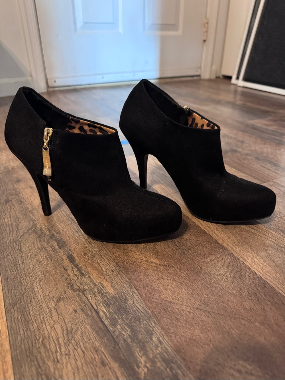 Christian Siriano Black Suede High-Heel Ankle Booties with Gold Zip